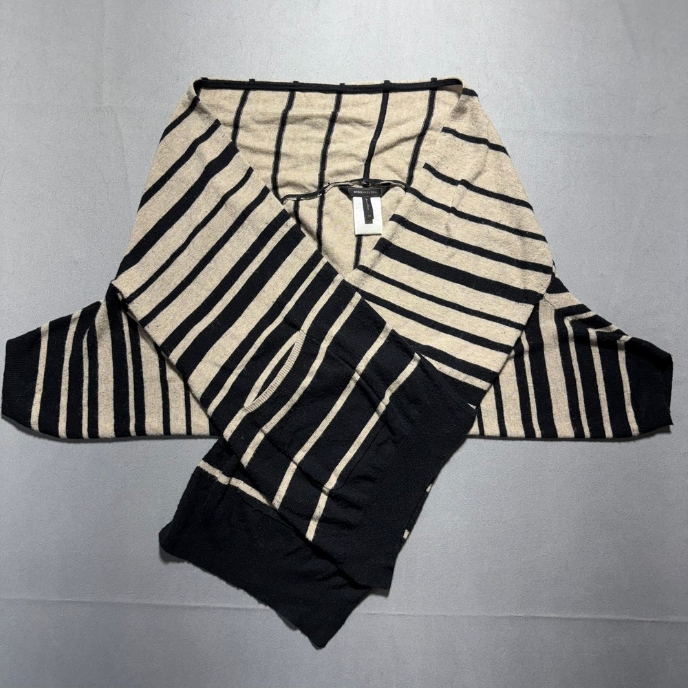 BCBGMAXAZRIA Gaby Striped Wool Cashmere Wrap Cardigan Pumice Black XS LJU4E160